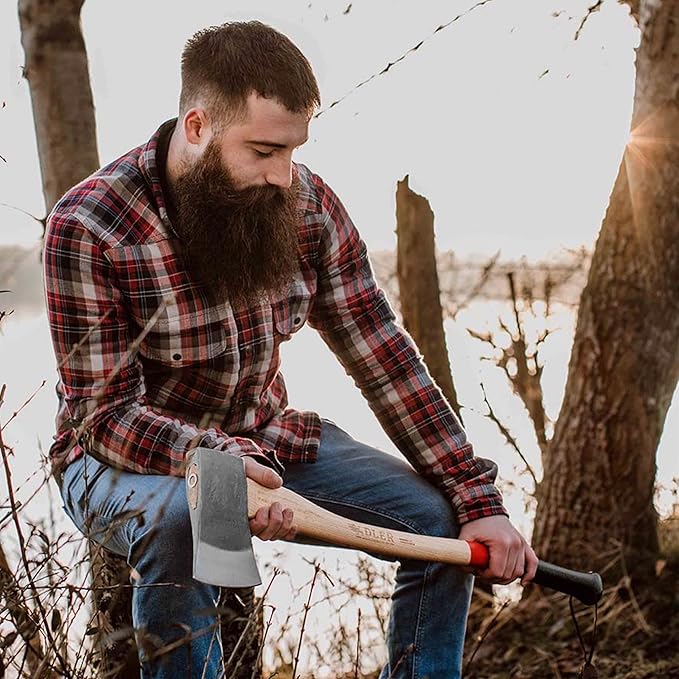 Adler Yankee Axe - German Forester's Axe with Leather Sheath, 3.5 lb Head, Anti-Slip 31.5" Hickory Handle with Red Stripe