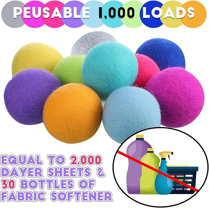 WILLBOND 10 Pack Wool Dryer Balls XL 3 Inch Reusable Laundry Natural No Lint Fabric Softener Replaces Dryer Sheets Wool Balls for Reduce Wrinkles Save Drying Time(Rainbow)
