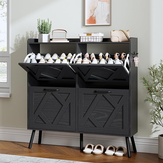 Nicetree Shoe Cabinet, Shoe Storage Cabinet for Entryway, Farmhouse Narrow Shoe Rack Cabinet with Metal Legs, Foyer, Hallway,4 Flip Drawers,Black