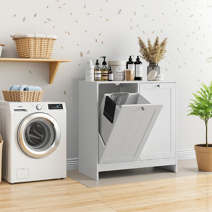 Tilted Laundry Hamper with Removable Baskets Hidden Storage Cabinet Free-Standing Organizer for Bathroom Bedroom White