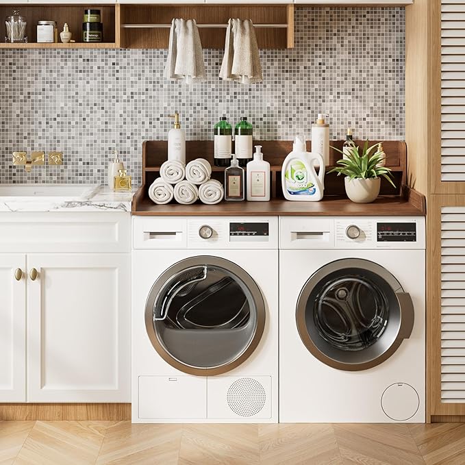 2-Tier Washer Dryer Countertop, Laundry Room Organization and Storage, 27.6" x 54" Wood Laundry Countertop for Washer and Dryer, Walnut