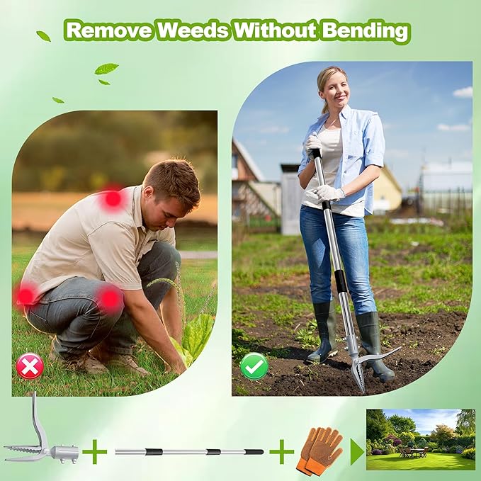Weed Puller Tool with Gloves, Manual Stand Up Weeding Picker Tool, Heavy Duty Weeder Remover Tool with 4 Claw Steel Head for Garden, Yard, Lawns, Sidewalk, Grass