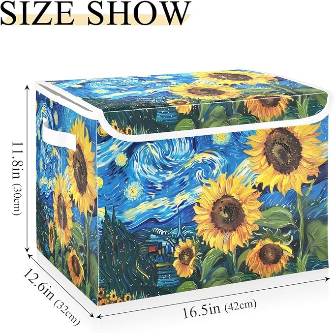 senya Large Storage Bins with Linen Collapsible Foldable Storage Cubes Fabric Closet Organizer Containers box with Flip-Top Lid for Home Bedroom Office 16.7 x 12.6 x 11.8in (Sunflowers Sky)