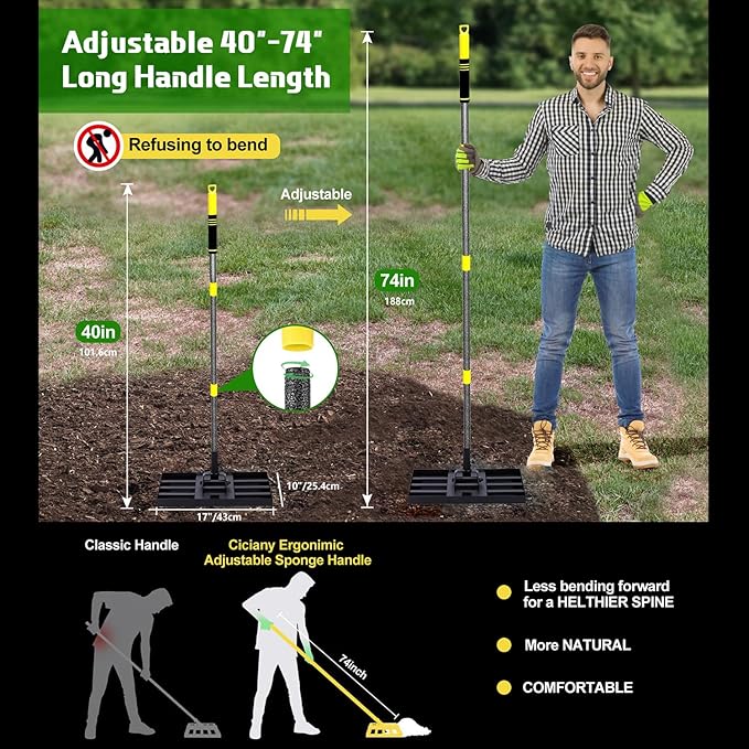 Lawn Leveling Rake 17x10 Inch , Heavy-Duty Yard Leveling Rake 6.2FT Leveler Tool for Soil, Sand & Topsoil, Backyard, Garden, Golf Course