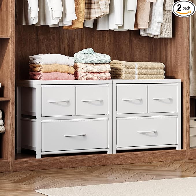 Homeiju Stackable 3-Drawer Fabric Dresser with Waterproof Wood Top – Closet Organizer & Storage Drawers for Bedroom, Modern Metal Frame Design (2 Tier-2 Pack)