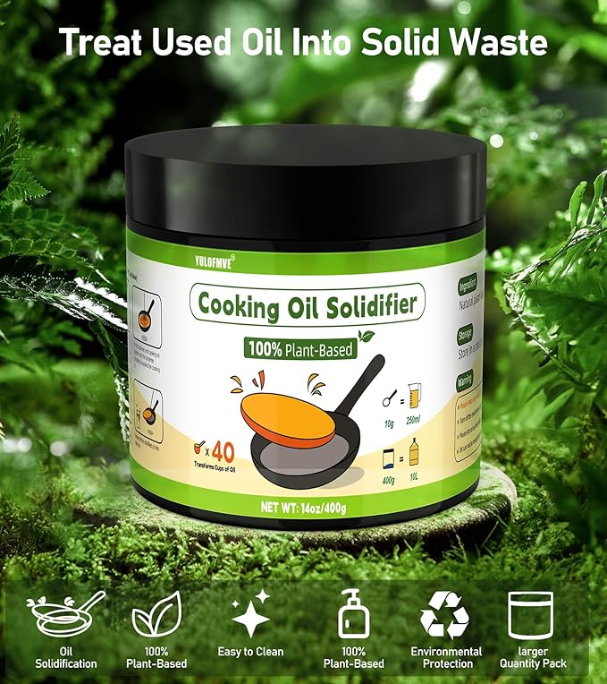 Cooking Oil Solidifier, Solidifies Up to 40 Cups from Mess, 100% Plant-Based Used Oil Solidifying Powder, Grease Hardener Disposal for Kitchen