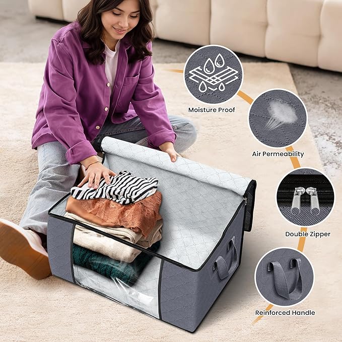 Fab totes Storage Bags,Clothes Blanket Storage Bins Foldable Closet Organizers with Reinforced Handle for Home Dorm Storage and Organization,Fabric Bags for Organizing Sheets,Clothing (Grey,4 Pack)