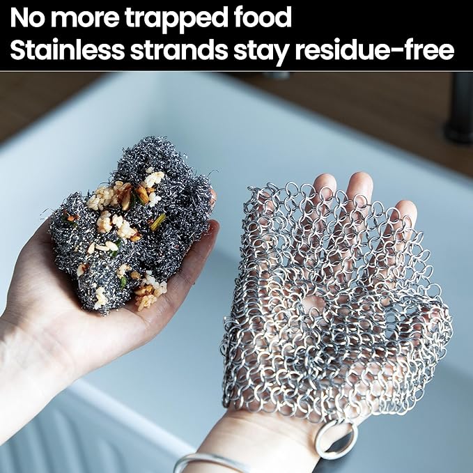 TOPULORS Cast Iron Scrubber 316 Stainless Steel Skillet Cleaner 8"x6" Chainmail Scrubber Scraper Chain Mail Link Scrub for Cast Iron Pre-Seasoned Pans, Griddles, BBQ Grills, and Pot Cookware Cleaning
