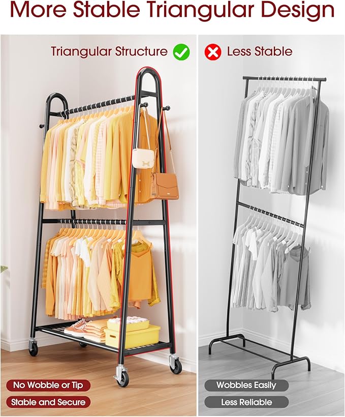 Sakugi Heavy Duty Clothes Rack, Metal Clothing Rack with Double Hanging Rods, 4 Hooks & Mesh Shelf, Freestanding Garment Rack with Triangular Design for Bedroom Closet, 36.5" x 16.9" x 72.8", Black