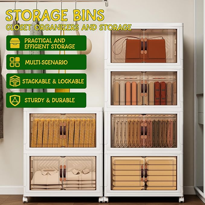 Storage Bins with Lids and Wheels, 440QT-110QT*4Tier Collapsible Bathroom Storage Cabinet with Clear Doors, Plastic Stackable Closet Organizers and Containers White