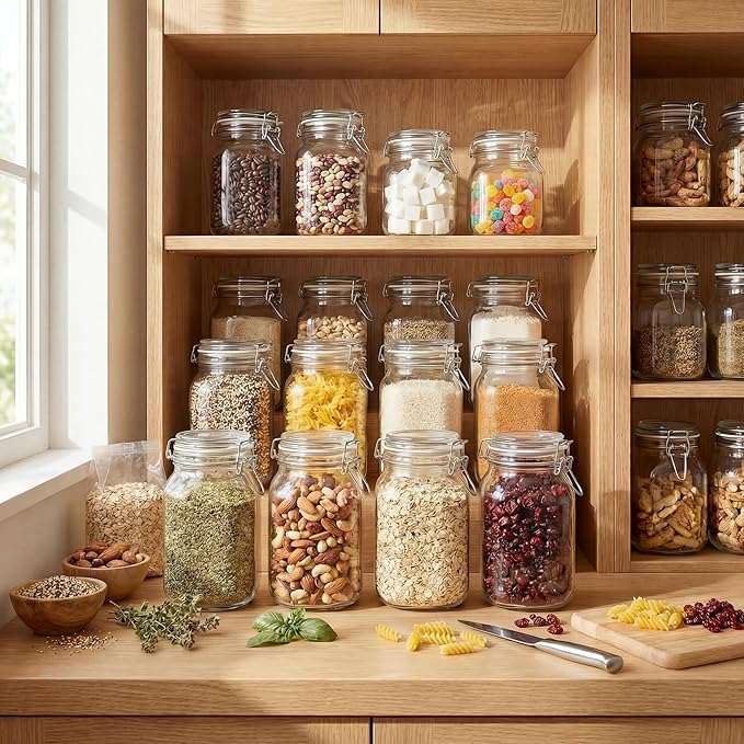 HomArtist Glass Jars with Airtight Lid Set of 6, 17 floz Wide Mouth Mason Jars with Clamp Lids,Glass Sealed Jars with Air Tight Lids, Best for Kitchen & Pantry Food Storage