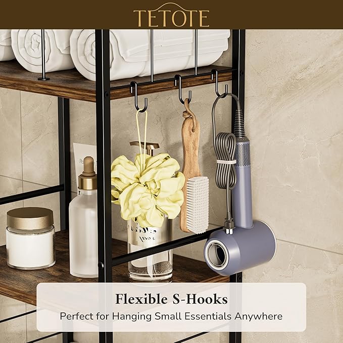 TETOTE 4-Tier Towel Rack, M-Shaped Detachable Dividers Towel Shelf with Hooks for Bathroom, Free Standing Pool Towel Holder Space-Saving Organizer, Rustic
