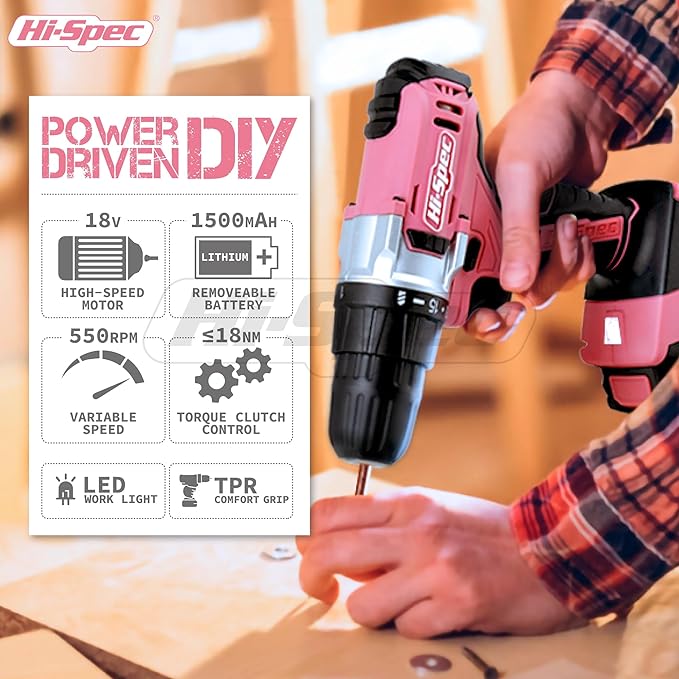 Hi-Spec Cordless Drill Tool Set: Pink Power Drill for Women used for DIY, Building and Fixing Tasks Easy to use All In One Set in Pink Color Stored in a Case 81 Pieces