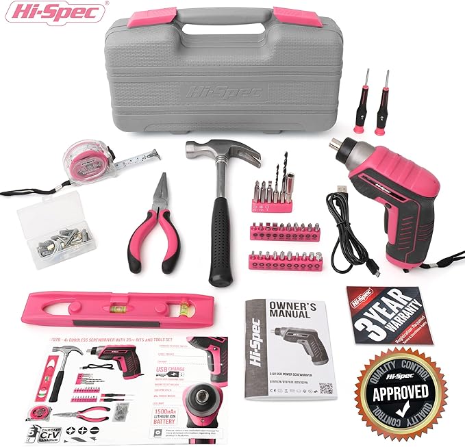 Hi-Spec 35-Piece Tool Kit with 3.6V USB Small Electric Screwdriver Set, Pink Drill Set for Women, Tool Kit for Home