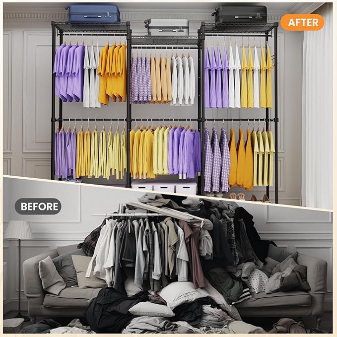 Extra Large Clothes Rack, Heavy Duty Clothing Rack for Hanging Clothes, Freestanding Clothing Rack Closet, Adjustable Metal Garment Rack, Portable Closet 76.4"W x 15.7"D x 68.5"H, Hold 792 lbs, Black