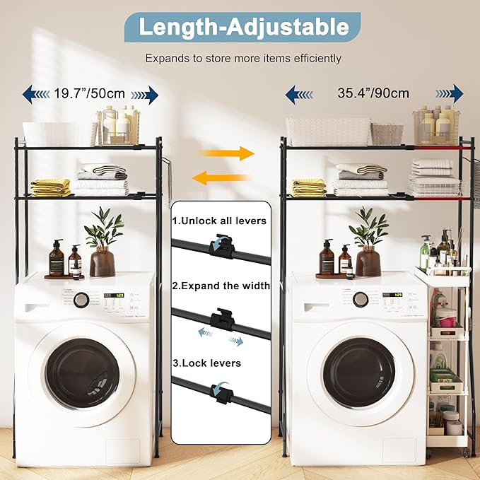 Laundry Room Storage Shelf & Organizer, 2 Tier Metal Over Washer and Dryer Shelves, Washing Machine Shelf with Hanger Rod, Expandable Bathroom Space Saver Shelf, 26–37" L x 15.8" W x 59.5" H, Black