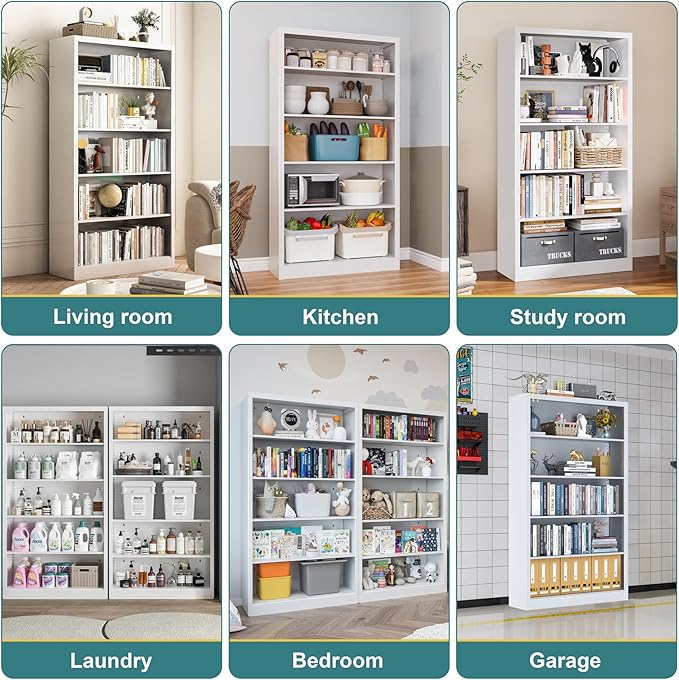 Heavy-Duty Steel Open Storage Cabinet with Adjustable Shelves, 5-Tier Shelving Unit, Easy Assembly Freestanding Organizer for Pantry,Office, Living Room,Bookshelf(White, 5 Tier-55"H x 27.6"W x 11.8"D)