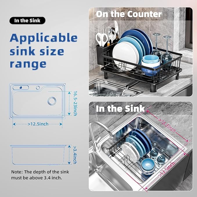 Dish Drying Rack, Stainless Steel-Dish Rack, Dish Racks for Kitchen Counter, Kitchen Dish Drainers with Removable Utensil Holder,New drain outlet,Plate Rack and Drainboard,(Black-11" W x 15" L)