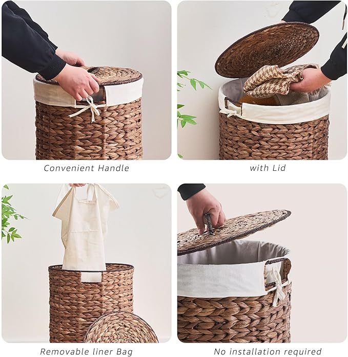 Round Water Hyacinth Laundry Hamper with Lid Handwoven Wicker Basket with Handles for Dirty Clothes, Storage, and Organization Ideal for Bedroom, Bathroom, and Laundry Room, No Assembly Required, 60L