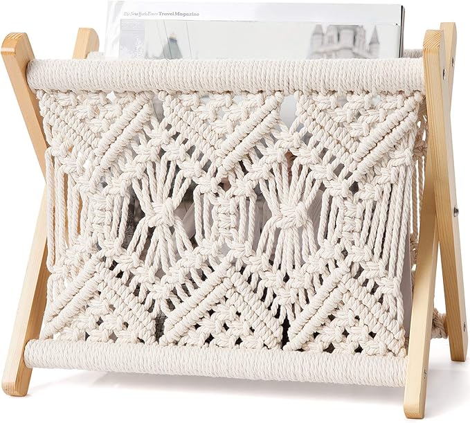Mkono Macrame Magazine Rack Boho Storage Holder Standing Basket for Books, Newspapers, Swaddle Blanket, Dorm Essentials, Living Room, Bathroom, Office, Nursery, Home Decor, Small Size, 11.2”L x 7.5”W