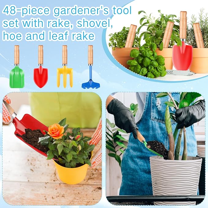 8" Kids Gardening Tools, Metal Beach Sandbox Digging Toys with Wooden Handle, Including Shovel, Rake, Fork and Trowel, Garden Sand Snow Tools for Children Gift Outdoor Gardening(100 Pcs)