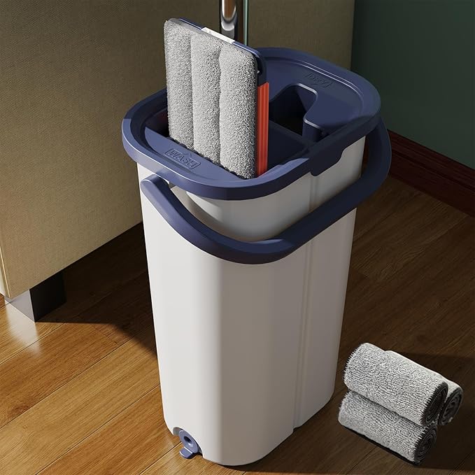 Large Mop and Bucket with Wringer Set for Home, Hands Free Flat Floor Mop and Bucket System with 4 Washable Microfiber Pads, Wet and Dry Use, Mops for Floor Cleaning, Two Bucket Mop System