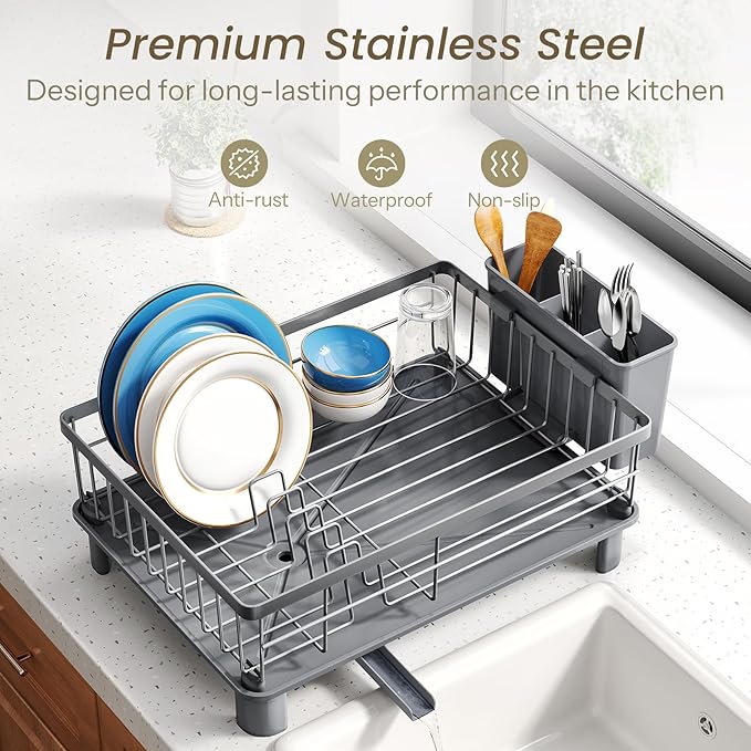 SNTD Dish Drying Rack - Small Dish Rack for Kitchen Counter, Stainless Steel Dish Drainer with Utensil Holder and Drainboard, 11" W x 15" L (Grey)