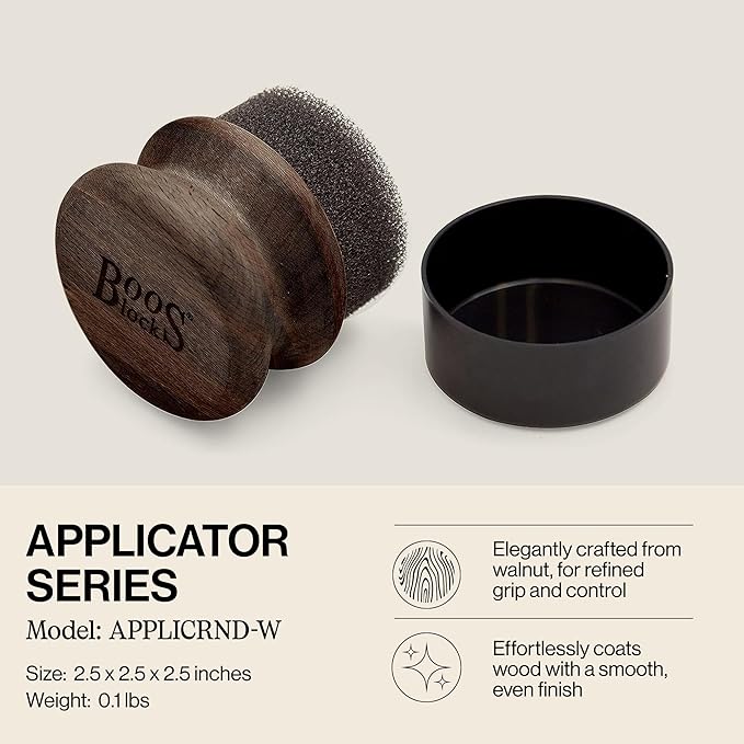 John Boos Oil & Cream Round Applicator for Wood Cutting Boards, Butcher Blocks & Utensils, Walnut - Solid Hardwood Handle, Silver Ion-Treated Sponge, Storage Cap, Easy and Even Application
