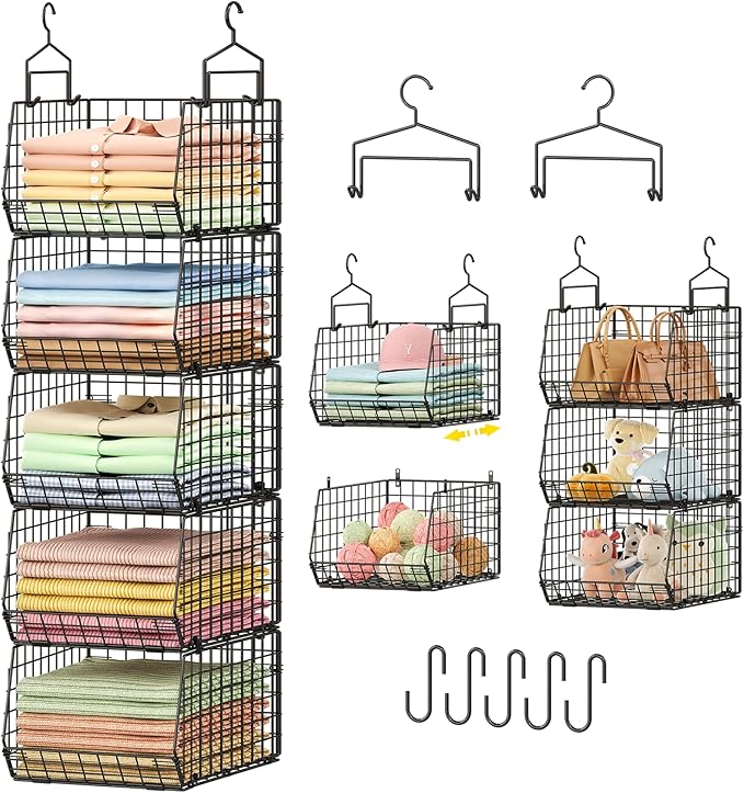 Capacity Upgrade Edition Deeper 4'' 5 Tier Foldable Hanging Closet Organizer and Storage，Wire Cabinet Shelves and Rack with 5 S Hooks,Stackable Metal Basket Bins for Clothes Shoe Purse,Black