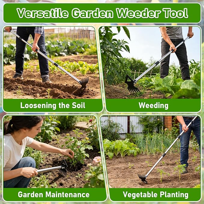 Upgraded Weed Puller Tool with Long Handle, 56" Manual Weeder Remover Tool, 2 in 1 Hand Weed Rake Garden Hoe for Gardening, Heavy Duty Uprooting Weeding Pull for Lawn, Yard, Patio Garden