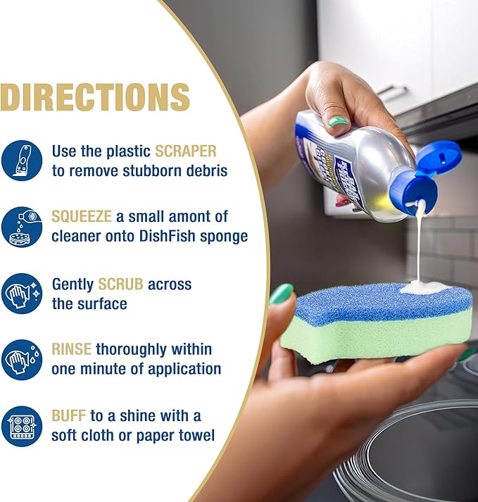 Bar Keepers Friend Cooktop Cleaner + Scraper + Dish Fish - Multipurpose Liquid Stovetop Cleanser, Safe for Use on Glass or Ceramic Cooking Surfaces, Copper, Brass, Chrome, Stainless Steel & Porcelain