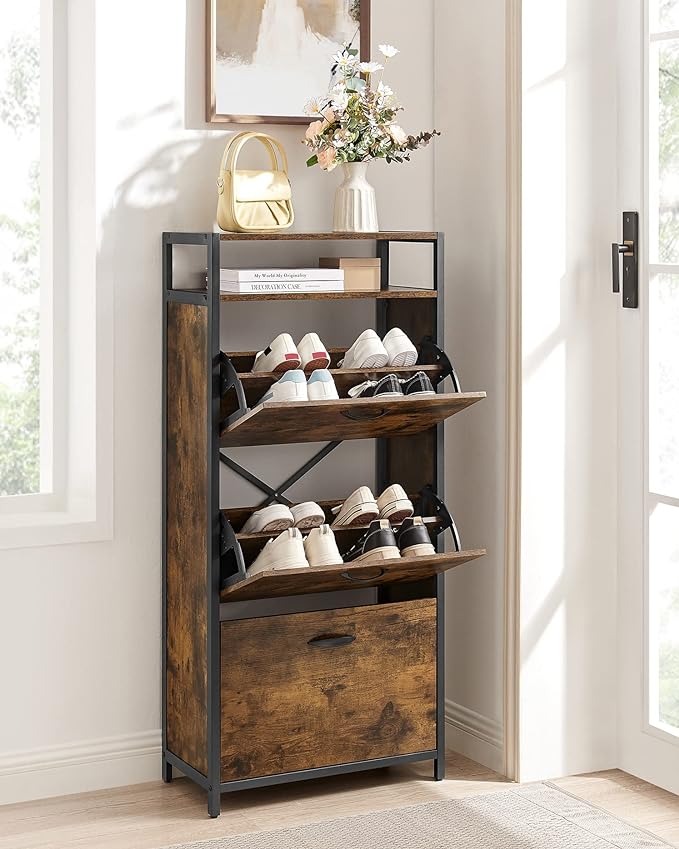 VASAGLE Shoe Cabinet with 3 Flip Drawers, Shoe Storage Cabinet, Asjustable and Removable Dividers, Holds 15-18 Pairs of Shoes, 11.8 x 23.6 x 51.2 Inches, Rustic Brown and Black ULBS101B01