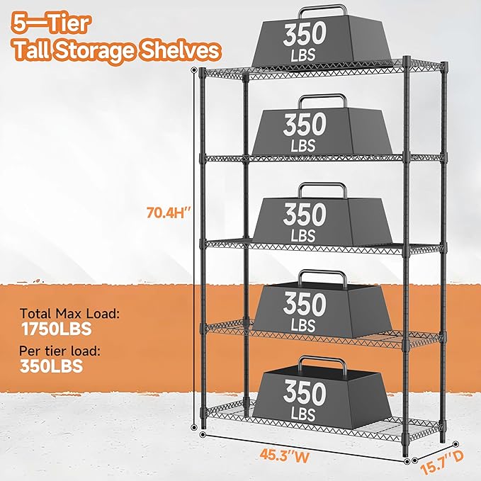 M MZG 5 Tiers Shelf Metal Storage Shelves Standing 1750 LBs Household Shelf Organizer for Kitchen Pantry Closet Garage Basement Utility Room, Black15.7 D x 45.3" W x 70.4" H