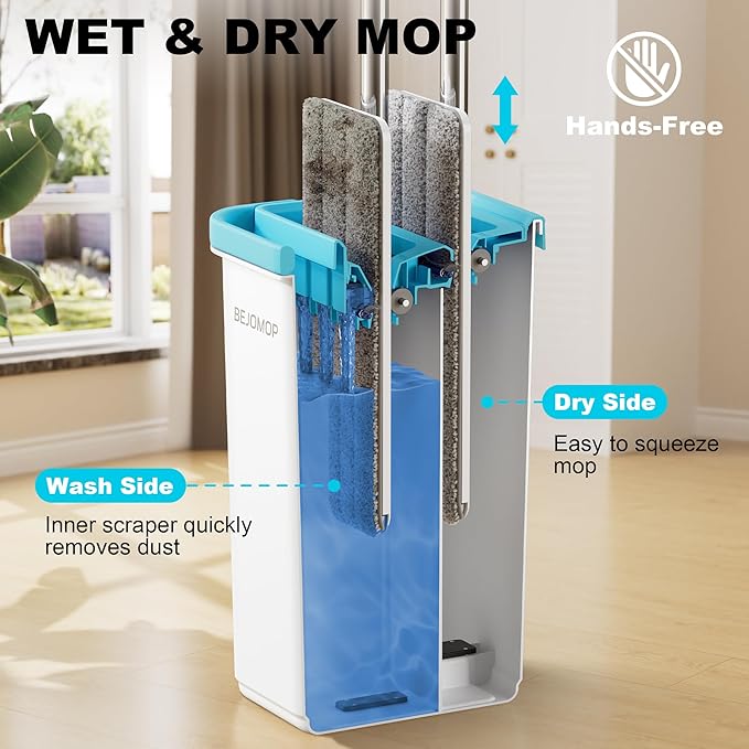 Mop and Bucket Set, Mops for Floor Cleaning Turquoise-Cyan, Wall Mop with Long Handle, Squeeze Flat Mop and Bucket System, Dry & Wet Dust Mop for Household Cleaning with 2 Microfiber Mops