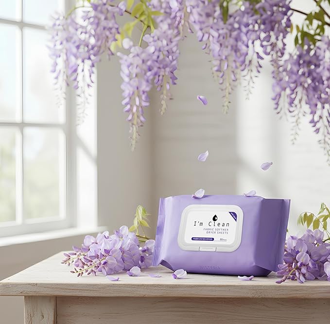 I'm Clean Laundry Dryer Sheets, 160 Sheets Total (80ct x 2), Elegant Wisteria Scent, Moist Fabric Softener Sheets for Deodorization & Static Control