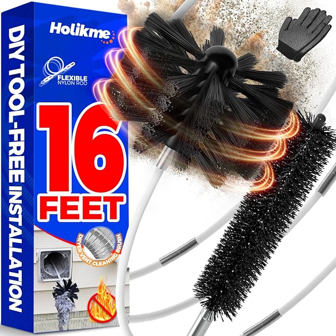 Holikme 16 Feet Dryer Vent Cleaner Kit, Lint Remover,Fireplace Chimney Brushes, Extends Up to 16 Feet, Synthetic Brush Head, Use with or Without a Power Drill