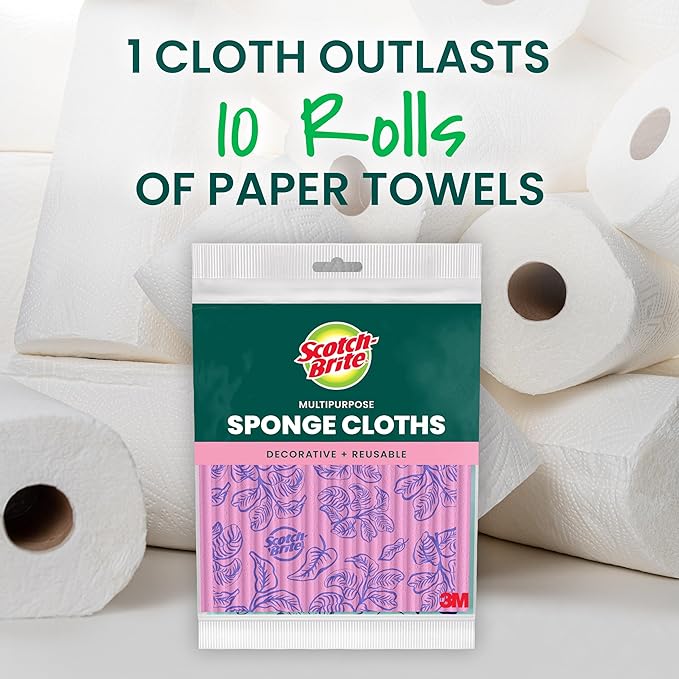 Scotch-Brite Sponge Cloths, Reusable, Absorbent, and Decorative Cleaning Towel, Dishwasher-Safe Wipes Ideal for Nonstick Cookware, Tile, Countertops, Mirrors, and Faucets, 2 Dish Towels