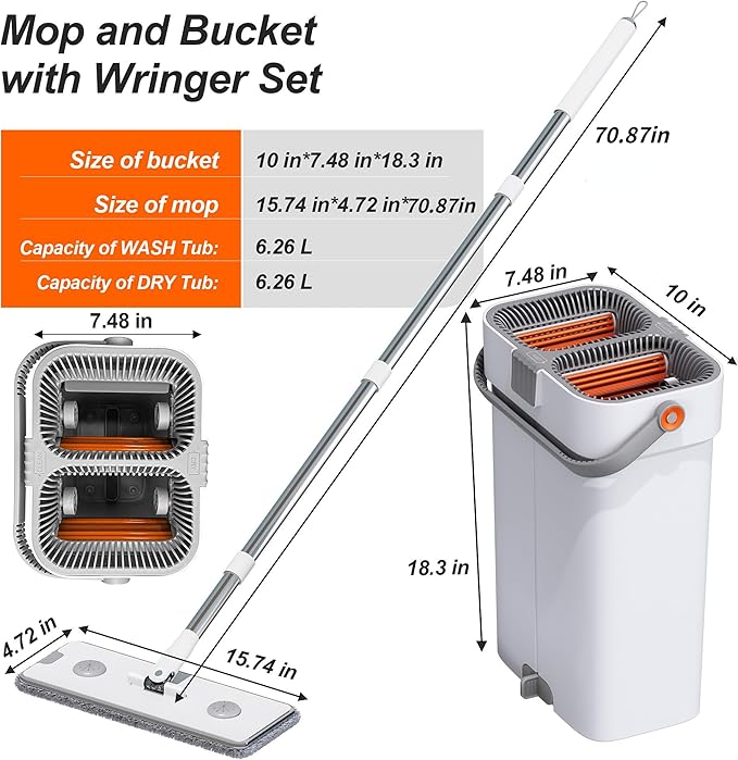 CTIME Large Mop and Bucket Set, Flat Mop and Bucket System, Wall Mop with Adjustable Handle (Max 70.87 Inches), Mops for Floor Cleaning, 6 Washable 15.74'' Microfiber Mop Pads