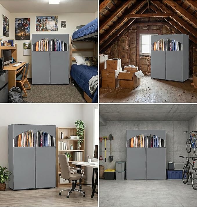 HOLDN’ STORAGE Portable Wardrobe Closet - 65 lb Large Capacity, Internal Heavy Duty Metal Rod, Zipper & Clear Window, Durable Clothes Organizer, Tool-Free Easy Assembly, Dark Gray Canvas Cover