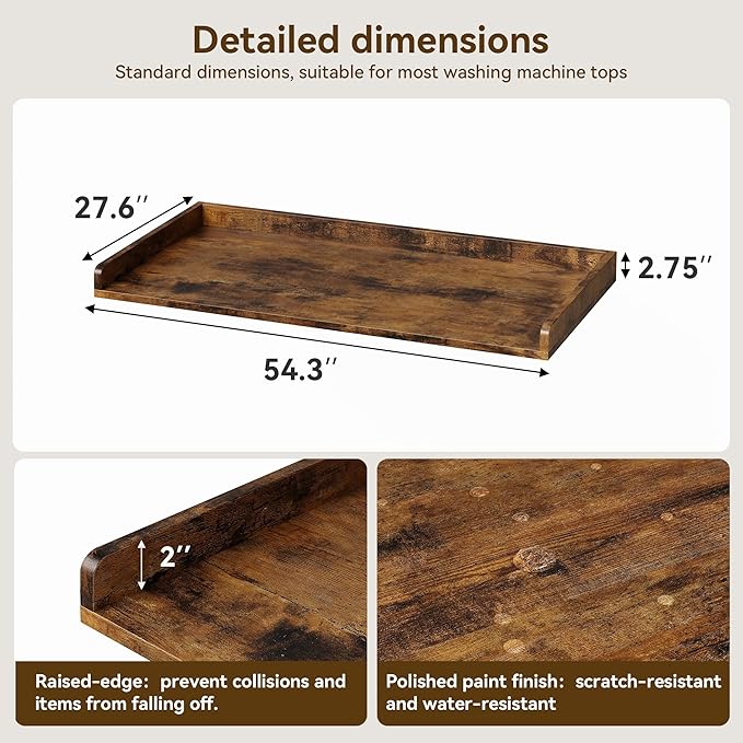 Washer Dryer Countertop, 54.3" x 27.6" Wooden Laundry Countertop with Edge Rails, Washer and Dryer Topper for Laundry Room Organization and Storage
