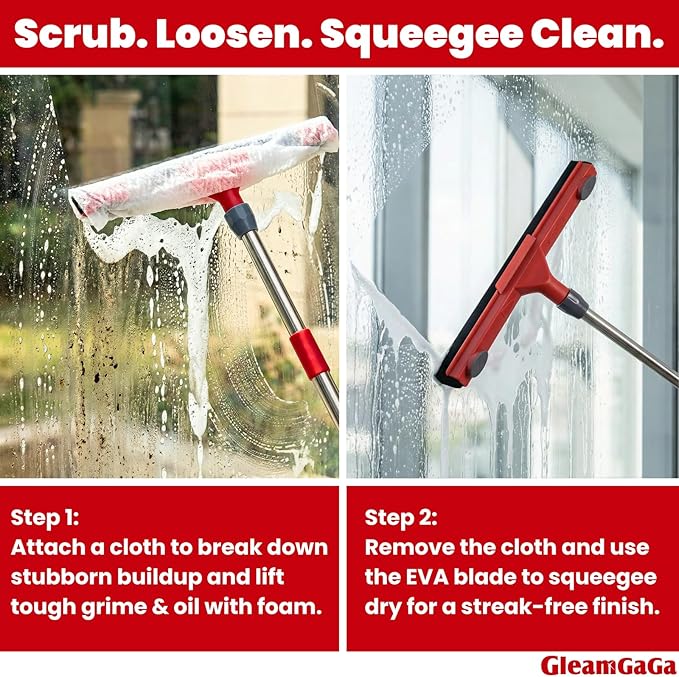 Floor Squeegee with 2 Replaceable Heads – 17'' EVA Foam Blade for Uneven Surfaces, 62'' Long Handle, Built-in Towel Clip, Non-Scratch Heavy Duty Squeegee Broom for Garage, Window, Tile, Patio & Shower
