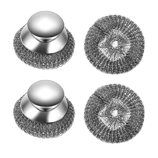 2Pcs Stainless Steel Wool Scrubber Set with Handle，2 Replacement Steel Scrubber Wool Pads, and Scrubbing Brushes Cleaning Supplies for Pots, Pans, Grills, Sink
