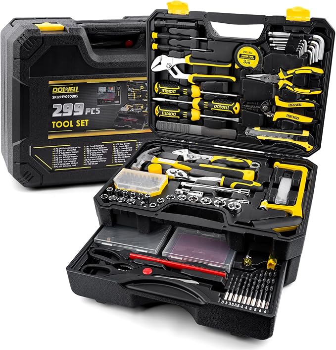 DOWELL 299-Piece Professional Hand Tool Set, Ultimate Drawer Toolbox with Sockets, Pliers, Hex Keys, Screwdrivers for Home, Auto Repair, Workshop & Emergency DIY