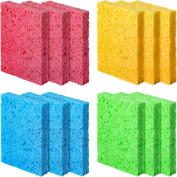 12 Pcs 4 Color Compressed Cleaning Sponge Reusable Non Scratch Cleaning Sponge for Kitchen Dish Washing Heavy Duty Scrub Kitchen Sponges for Clean Cookware Bathroom Cars