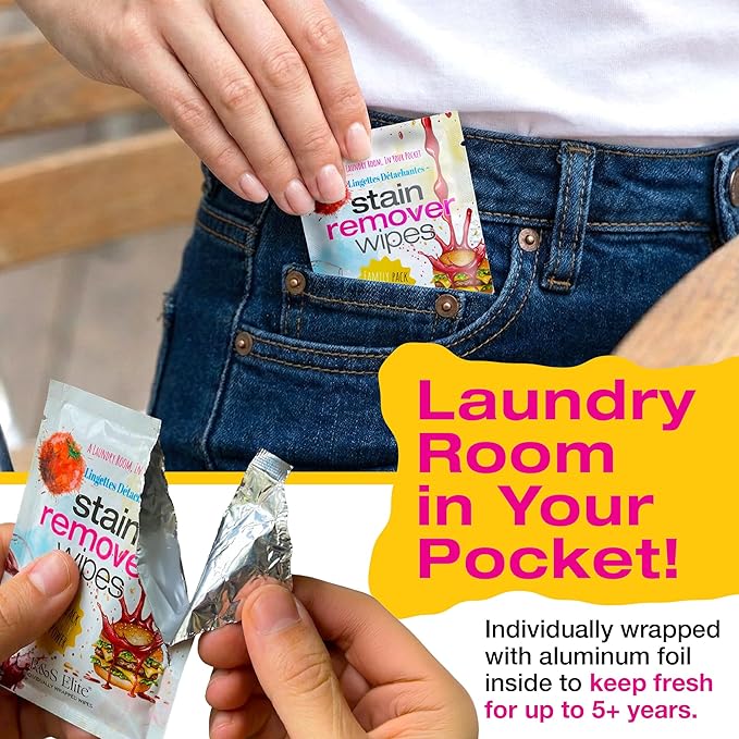 Stain Remover Wipes - 50 PCS Individually Wrapped – Instant Stain Remover for Clothes, Fabric & Jackets – Portable No-Rinse Cleaner for Travel, Purse & Diaper Bag – Removes Grease, Food & More