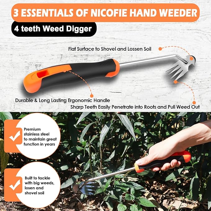 2026 Hand Weeder Tool, Rubber Handle Manual Weeder Puller Tool, Uprooting Weeding Tools, Crack Weeder Crevice, 4 Teeth Weeding Tool, Weeding Artifact Tool for Gardening(3 Pcs)