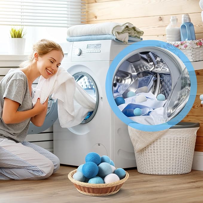 24 Pack Blue Wool Laundry Balls, 3.15'', 2.4'' Reusable Laundry Wool Dryer Balls Natural No Lint Fabric Softener for Clothing Wrinkles