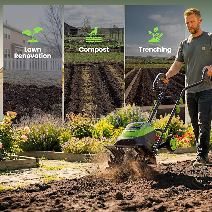 20V Battery Tiller for Gardening, Cordless Electric Tiller Cultivator with 2×4.0Ah Batteries, 14" Tilling Width, 8.7" Depth, 48 Steel Tines Rototiller for Soil Cultivation