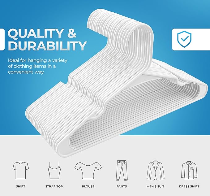 Beddora Plastic Hangers 20 Pack,White Clothes Hangers for Closet Organization and Storage Space-Saving Design, Kids & Adult Coat Hanger for Suits, Shirt & Percheros Ganchos para Colgar Ropa Hangars