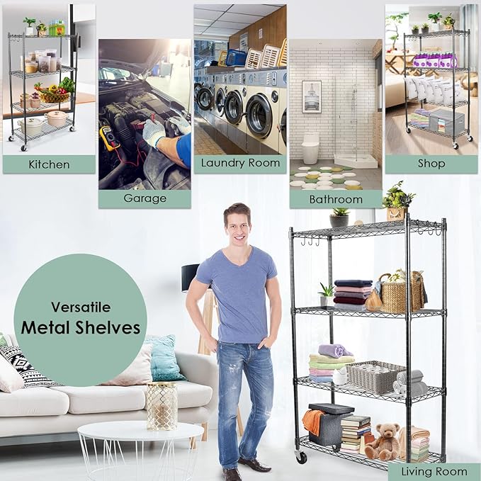 WDT 4-Tier Storage Shelves, Heavy Duty Metal Shelves Wire Rack Shelving Unit, Adjustable Shelf with Wheels for Home Office Garage Kitchen Shelf, 36" D x 14" W x 58" H